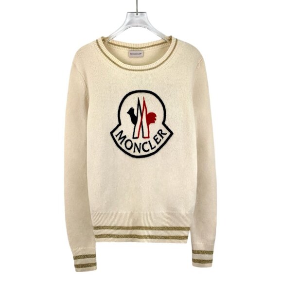 DW0546 Moncler Maglione Tricot Beige Logo Long Sleeve Wool Crewneck Sweater Size - Picture 1 of 8